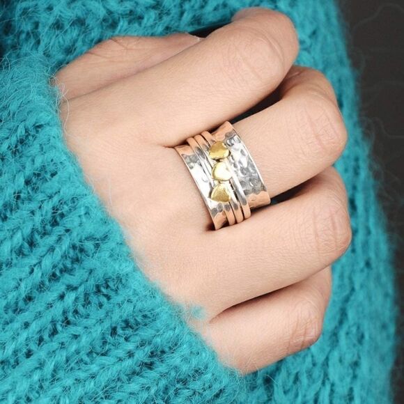 COPY - 925 Sterling Silver Spinner Ring Brass Hearts Fidget Ring, Hand Hammered… - Picture 5 of 8